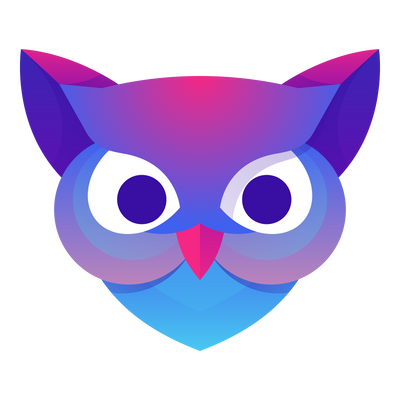 a purple and blue owl head on a black background